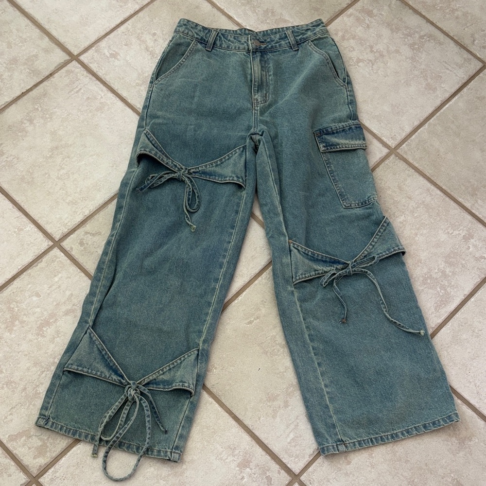 Cider Washed Blue Wide-Leg Tie Detail Cargo Jeans